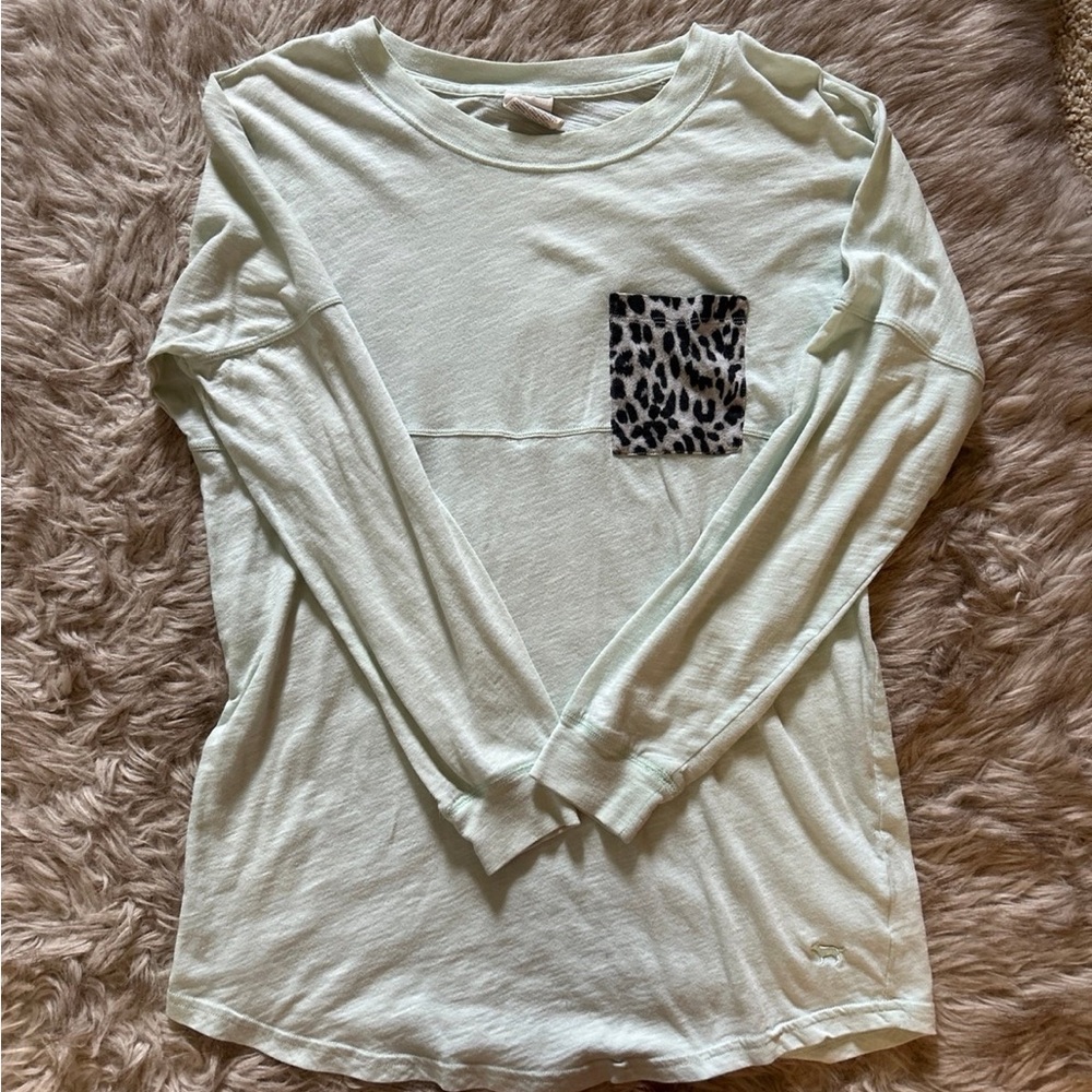 PINK Victoria's Secret Light Green Long Sleeve with Animal Print Pocket